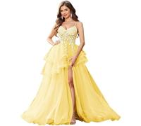 Générique Robe De MariéE à Bretelles Spaghetti Et AppliquéS en Dentelle Robe De Bal à Volants en Tulle Robes De SoiréE Longues à Col en V avec Fente Yellow XS