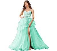 Générique Robe De MariéE à Bretelles Spaghetti Et AppliquéS en Dentelle Robe De Bal à Volants en Tulle Robes De SoiréE Longues à Col en V avec Fente Mint XS