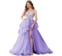 Générique Robe De MariéE à Bretelles Spaghetti Et AppliquéS en Dentelle Robe De Bal à Volants en Tulle Robes De SoiréE Longues à Col en V avec Fente Lavender XS