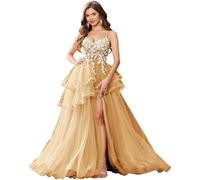 Générique Robe De MariéE à Bretelles Spaghetti Et AppliquéS en Dentelle Robe De Bal à Volants en Tulle Robes De SoiréE Longues à Col en V avec Fente Gold XS