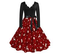 Générique Robe De Noel Femme Chic - Robe de thé Classique pour Femmes de Noël Robe à Manches Longues et col en V avec Ceinture Swing Robes de soirée Cocktail (XL)