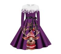 Générique Robe De Noel Femme Chic,Robe Vintage Manche Longue À Manches Longues Costume Noël Imprimé Vêtements Décontractée Rétro Dress Swing Au Genou pour Mariage Soirée Cérémonie