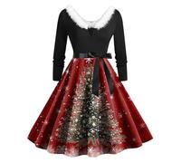 Générique Robe de Noël Femme Élégante Style Vintage Robe Col en V Velours Épaule Imprimé Rétro Coupe Évasée pour Soirée Cocktail Fêtes de Fin d'Année