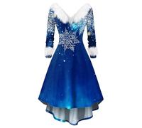 Générique Robe De Noël Femme Manche Longue ; Robe Rockabilly Femme Mi Longue Impression ; Robes Col en V Casual - Dress Slim Fit Elegant Bleu Roi M