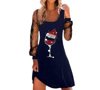 Générique Robe De Noël Femme - Robe Noel Femme Chic Robe de thé Classique pour Femmes Manches Longues col en V avec Ceinture Robes de soirée Cocktail (Blue L)