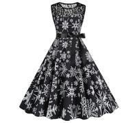 Générique Robe De Noel Femme Rouge Étoile Noël Mi-Longue Élégante Tenue Réception Magie Et Vert Matière Fluide Nœud Papillon Vêtements Ceinture Satin Flocons Neige Broderie Festonne