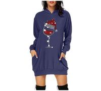 Générique Robe de Noël Femme Sweat à Capuche avec Poche et Imprimé Verre de Vin Robe de Noël pour Femme Manches Longues pour Tenue Décontractée d'automne et d'hiver et Fêtes(Dark Blue, S)