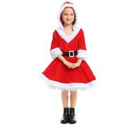 Générique Robe de Noël Fille Enfant à Manche Longue Costume Mère Noëls Rouge Robes avec Capuche Ceinture Bas Rayés Chapeau Deguisement Noel Enfant Soirée Cérémonie Princesse Danse Scène