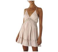 Générique Robe de Plage Femme Bretelles Fines, Mini Robe Boheme Chic Sexy à Col en V Robes Dentelle Ajourée à la Taille Court Fluide Decontractée Dos Nu sans Manches Pas Cher, Beige, S