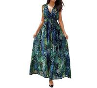 Générique Robe de Plage Longue Femme Décolleté en V Impression de Plantes Tropicales Dress