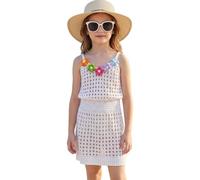 Générique Robe De Plage Unie pour Filles, Ornée De Motifs Floraux Tricotés À La Main, Modèle Léger Et Aéré À Enfiler par-Dessus Un Maillot De Bain, Style Simple Et Pratique pour Les Vacances D'Été.