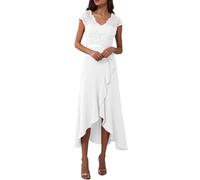 Générique Robe de soirée à col en V pour Femme, Tenue de soirée, de Cocktail, de Demoiselle d'honneur, en Dentelle, à Fleurs, Haute et Basse Jupe Plissée Écossaise Mi Longue (White, XXXL)
