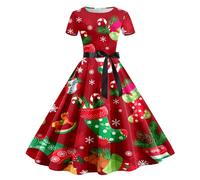 Générique Robe de soirée à Manches Courtes pour Femme, imprimé Noël, Style années 1950-918