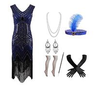 Générique Robe de soirée années 1920 pour femme,V Neck Sequin Beaded Fringed Dress with 20s Accessories Set,Vintage Robe Sequins Femme à Franges pour Fête,Carnaval,Mascarade,Robes Soiree Paillette