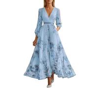 Générique Robe De Soirée Chic pour Mariage Robe Cocktail en Mousseline avec Col V Sexy Manches Longues Taille Haute Longueur Maxi Fleurie Élégante Parfaite comme Tenue D'Invitée Ou pour Un Bal