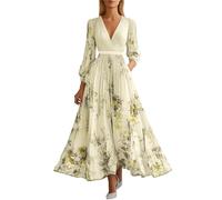 Générique Robe De Soirée Chic pour Mariage Robe Cocktail en Mousseline avec Col V Sexy Manches Longues Taille Haute Longueur Maxi Fleurie Élégante Parfaite comme Tenue D'Invitée Ou pour Un Bal