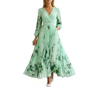 Générique Robe De Soirée Chic pour Mariage Robe Cocktail en Mousseline avec Col V Sexy Manches Longues Taille Haute Longueur Maxi Fleurie Élégante Parfaite comme Tenue D'Invitée Ou pour Un Bal