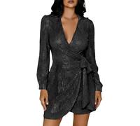 Générique Robe de soirée élégante à Sequins Scintillants avec col et Ceinture nouable pour Femme Grande Tenue de cérémonie sophistiquée (Black, M)