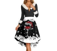 Générique Robe de soirée élégante avec col et Poignets à Bordure, imprimé Flocon de Neige et Verre à vin, Parfaite pour Les fêtes de d'année et Design Confortable et élégant-742