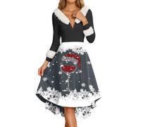 Générique Robe de soirée élégante avec col et Poignets à Bordure, imprimé Flocon de Neige et Verre à vin, Parfaite pour Les fêtes de d'année et Design Confortable et élégant-742