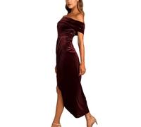 Générique Robe De Soirée Élégante en Velours Bordeaux Style Vintage Idéale pour Un Banquet Ou Un Dîner. Coupe Portefeuille Épaules Dénudées et Fente. Taille L.