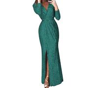 Générique Robe de Soirée Élégante pour Femme avec Paillettes et Manches Longues Style Discothèque et Col en V Profond (Green, L)