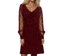Générique Robe De SoiréE Femme Grande Taille,Robe Ciel éToilé Col en V Tendance Manches en RéSille Robe De SoiréE Brillante Et DéContractéE (Red, XL)