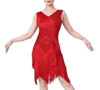 Générique Robe de soirée Femme Robe de scène élégante avec Paillettes et Franges pour compétition de Danse Latine (Red, M)