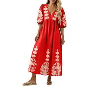 Générique Robe De Soiree Femme Robe Longue Boheme Ete Fluide avec Manches Mi Longues Col V Dos Nu Chic Et Elegant pour Plage Ceremonie Rouge, M