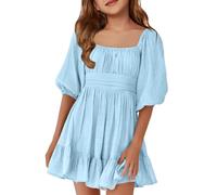 Générique Robe de Soirée Fille Dos Nú, Manches Ballon, Taille Cintrée par Nœud, Robe Plissée Uni Décontractée 5-13 Ans(Bleu Ciel,9-10 Ans)