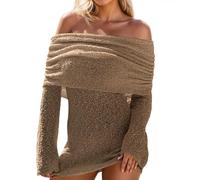 Générique Robe de SoiréE Grande Taille Robe décontractée à épaules dénudées et Revers surdimensionnés,Mini-Robe ajourée à Manches Longues,idéale pour Une soirée en Ville(Khaki,S)