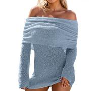 Générique Robe de SoiréE Grande Taille Robe décontractée à épaules dénudées et Revers surdimensionnés,Mini-Robe ajourée à Manches Longues,idéale pour Une soirée en Ville(Blue,L)