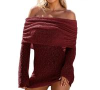 Générique Robe de SoiréE Grande Taille Robe décontractée à épaules dénudées et Revers surdimensionnés,Mini-Robe ajourée à Manches Longues,idéale pour Une soirée en Ville(Red,S)