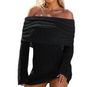 Générique Robe de SoiréE Grande Taille Robe décontractée à épaules dénudées et Revers surdimensionnés,Mini-Robe ajourée à Manches Longues,idéale pour Une soirée en Ville(Black,S)