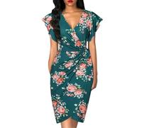 Générique Robe De Soirée Midi Cache Cœur À Col en V et Manches Courtes À Volants Cintrée À La Taille avec Ceinture À Nouer Idéale pour Le Travail Cette Robe Élégante Est Parfaite pour Une Tenue Dé