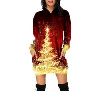 Générique Robe De Soirée Noel Femme, Sweat Capuche Femme À Manches Longues Col Rond Pullover Imprimé Ample Haut Automne Hiver Dress Confortable Hoodie Casual avec Poches