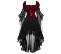 Générique Robe de sorcière d'Halloween pour femme - Costume de vampire médiéval de la Renaissance - Robe gothique à volants et manches longues en maille - Taille haute et