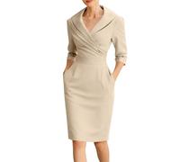 Générique Robe De Travail Élégante pour Femme Portefeuille Col V Manches 3/4 Bodycon Genou Cintrée avec Poches pour Bureau Et Cocktail