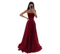 Générique Robe de Tulle à Paillettes étincelantes de Soirée Formelle - Bretelles Spaghetti, Longue, Ligne A pour Femmes - Burgundy XS
