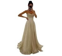 Générique Robe de Tulle à Paillettes étincelantes de Soirée Formelle - Bretelles Spaghetti, Longue, Ligne A pour Femmes - Champagne XL