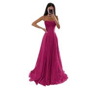 Générique Robe de Tulle à Paillettes étincelantes de Soirée Formelle - Bretelles Spaghetti, Longue, Ligne A pour Femmes - Fuchsia XXS