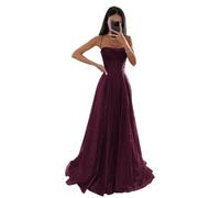 Générique Robe de Tulle à Paillettes étincelantes de Soirée Formelle - Bretelles Spaghetti, Longue, Ligne A pour Femmes - Plum XS