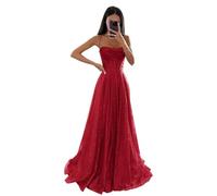 Générique Robe de Tulle à Paillettes étincelantes de Soirée Formelle - Bretelles Spaghetti, Longue, Ligne A pour Femmes - Rouge S
