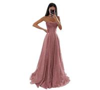 Générique Robe de Tulle à Paillettes étincelantes de Soirée Formelle - Bretelles Spaghetti, Longue, Ligne A pour Femmes - Dusty Rose L