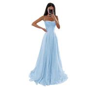 Générique Robe de Tulle à Paillettes étincelantes Robe de soirée Formelle à Bretelles Spaghetti Longue Robe de soirée en Ligne A pour Femmes Light Blue S