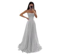 Générique Robe de Tulle à Paillettes étincelantes Robe de soirée Formelle à Bretelles Spaghetti Longue Robe de soirée en Ligne A pour Femmes Silver S
