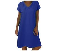 Générique Robe décontractée en Lin pour Femmes Coupe mi-Longue col V Manches Courtes Style Plage Tenue Estivale légère sans Accessoires (BU2, S)
