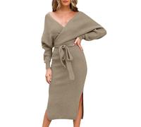 Générique Robe décontractée Femme col V Dos Creux pour Occasions Quotidiennes Sorties Saisons Printemps Automne Hiver Lavable Machine Parfaite Votre Garde-Robe (Khaki, M)
