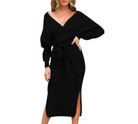 Générique Robe décontractée Femme col V Dos Creux pour Occasions Quotidiennes Sorties Saisons Printemps Automne Hiver Lavable Machine Parfaite Votre Garde-Robe (Black, M)