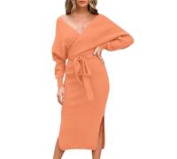 Générique Robe décontractée Femme col V Dos Creux pour Occasions Quotidiennes Sorties Saisons Printemps Automne Hiver Lavable Machine Parfaite Votre Garde-Robe (Orange, M)